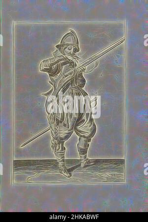 Inspiré par Soldier sur la garde avec un gouvernail apportant son fusible à sa bouche pour le souffler propre (non 39), c. 1600, Un soldat sur la garde, pleine longueur, à droite, tenant un gouvernail (un certain type d'arme à feu) avec sa main gauche (non 39), c. 1600. Avec sa main droite, il porte une mèche brûlante à sa bouche, réimaginée par Artotop. L'art classique réinventé avec une touche moderne. Conception de lumière chaleureuse et gaie, de luminosité et de rayonnement de lumière. La photographie s'inspire du surréalisme et du futurisme, embrassant l'énergie dynamique de la technologie moderne, du mouvement, de la vitesse et révolutionne la culture Banque D'Images