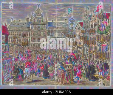 Inspiré par l'inauguration sur la Grand place, 1599, Inaugurationis appareil à foro, inauguration sur une scène devant l'hôtel de ville sur la Grand place, décembre 1599. Une grande foule se rassemble sur la place, dans les poteaux de premier plan avec des pektons décorés avec des images de Saint-George vaincre le dragon, réimaginé par Artotop. L'art classique réinventé avec une touche moderne. Conception de lumière chaleureuse et gaie, de luminosité et de rayonnement de lumière. La photographie s'inspire du surréalisme et du futurisme, embrassant l'énergie dynamique de la technologie moderne, du mouvement, de la vitesse et révolutionne la culture Banque D'Images