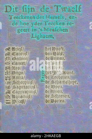 Inspiré par page avec explication des symboles et signes utilisés pour le temps, 1712 ce sont les Twaelf Teeckenen du ciel, et comment Yder Teecken règne dans le Menschen Lighaem, page avec un aperçu des signes du zodiaque et les parties correspondantes du corps humain. Cinquième page dans le Farmer's oft, repensé par Artotop. L'art classique réinventé avec une touche moderne. Conception de lumière chaleureuse et gaie, de luminosité et de rayonnement de lumière. La photographie s'inspire du surréalisme et du futurisme, embrassant l'énergie dynamique de la technologie moderne, du mouvement, de la vitesse et révolutionne la culture Banque D'Images