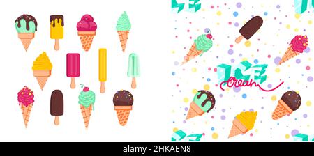 Ensemble de crèmes glacées savoureuses. Sundaes, gelatos avec différentes tasties, cônes de glace isolés et popsicle de collection Illustration de Vecteur
