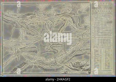 Inspiré par le siège du Quesnoy, 1712, Plan de la situation et du siège du Quesnoy, investi le 8.me de Juin 1712 (...), carte du Quesnoy, assiégée par les alliés sous le Baron Fagel à partir de juin 8 et prise le 6 juillet 1712. Sur la feuille à côté de l'impression est imprimé le titre et la légende A-Z avec une liste de, réimaginé par Artotop. L'art classique réinventé avec une touche moderne. Conception de lumière chaleureuse et gaie, de luminosité et de rayonnement de lumière. La photographie s'inspire du surréalisme et du futurisme, embrassant l'énergie dynamique de la technologie moderne, du mouvement, de la vitesse et révolutionne la culture Banque D'Images