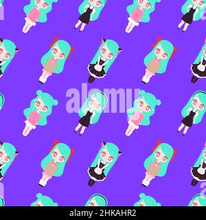 Motif sans couture avec adorable mode anime filles sur fond violet Illustration de Vecteur