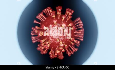 Illustration de l'examen scientifique d'une cellule virale rouge au microscope et d'une lumière annulaire en laboratoire Banque D'Images
