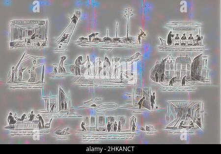 Inspiré par Cartoon dans l'almanac étudiant de Leiden, 1848, feuille avec treize petites représentations différentes avec des figures noires, de la vie de l'étudiant. Coin supérieur gauche de la rue Leidsche-Schouwburg. Caricature dans l'almanach étudiant de l'Université de Leiden de l'année 1848., imprimeur, réimaginé par Artotop. L'art classique réinventé avec une touche moderne. Conception de lumière chaleureuse et gaie, de luminosité et de rayonnement de lumière. La photographie s'inspire du surréalisme et du futurisme, embrassant l'énergie dynamique de la technologie moderne, du mouvement, de la vitesse et révolutionne la culture Banque D'Images