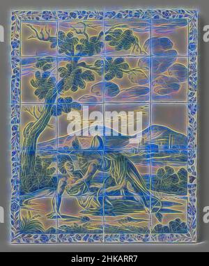 Inspiré par le tableau de carreau avec un paysage en bleu avec une représentation mythologique: Hercules et Achelous, le tableau de carreau de vingt carreaux (5 x 4) avec un paysage bleu avec une représentation mythologique: Hercules et Achelous. A gauche un arbre et en arrière-plan une rivière et des bâtiments le long de la rive, repensé par Artotop. L'art classique réinventé avec une touche moderne. Conception de lumière chaleureuse et gaie, de luminosité et de rayonnement de lumière. La photographie s'inspire du surréalisme et du futurisme, embrassant l'énergie dynamique de la technologie moderne, du mouvement, de la vitesse et révolutionne la culture Banque D'Images