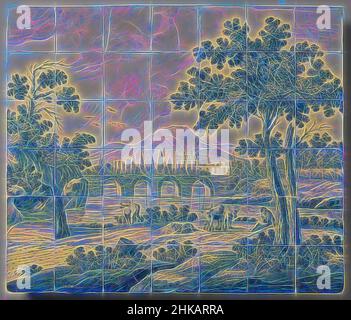 Inspiré par le Tableau des carreaux avec paysage de rivière, le Tableau des carreaux de quarante-deux carreaux (6 x 7) avec un paysage de rivière peint en bleu avec un pont au centre et en premier plan un berger assis sous un arbre avec son bétail. Marqué en bas à gauche: C:BM., Tegelbakkerij aan de Delftschevaart, Cornelis, réimaginé par Artotop. L'art classique réinventé avec une touche moderne. Conception de lumière chaleureuse et gaie, de luminosité et de rayonnement de lumière. La photographie s'inspire du surréalisme et du futurisme, embrassant l'énergie dynamique de la technologie moderne, du mouvement, de la vitesse et révolutionne la culture Banque D'Images