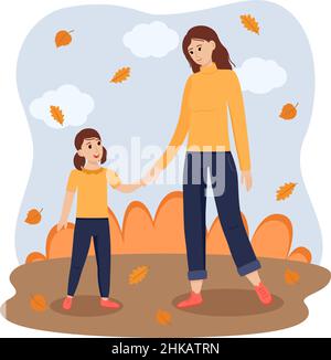 Une femme adulte et une fille se tiennent debout et tiennent les mains dans le parc d'automne, illustration vectorielle Illustration de Vecteur