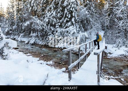 Garçon marchant sur un pont en bois au-dessus de la rivière dans la neige en forêt d'hiver, vallée de Vrata, Slovénie Banque D'Images