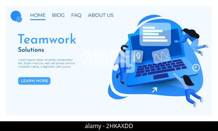 Les gens volent autour d'un grand ordinateur portable. Service informatique ou concept de développement. Page Web, bannière, présentation. Enquête en ligne avec personnages. Illustration vectorielle Illustration de Vecteur