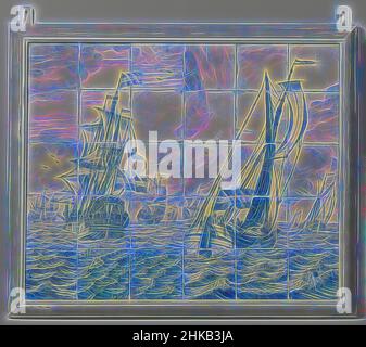 S'inspirant d'un tableau de carreau avec paysage marin, le tableau de carreau de 30 carreaux (6 x 5) dans un cadre en bois avec un paysage marin peint en bleu avec deux voiliers en premier plan. En bas à droite sur un baril dans l'eau, marquée: C:MB., Rotterdam, 1680 - 1730, faïence, Étain glaçure, majolica, hauteur 64 cm × largeur 77 cm, réimaginé par Artotop. L'art classique réinventé avec une touche moderne. Conception de lumière chaleureuse et gaie, de luminosité et de rayonnement de lumière. La photographie s'inspire du surréalisme et du futurisme, embrassant l'énergie dynamique de la technologie moderne, du mouvement, de la vitesse et révolutionne la culture Banque D'Images