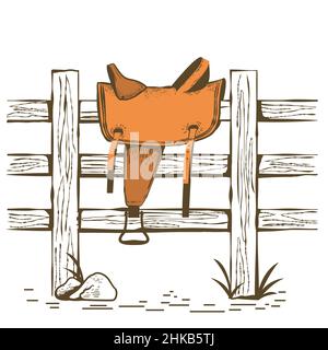 Ranch américain de cowboy avec selle de cheval sur clôture en bois. Vintage Westerrn symbole illustration de couleur dessinée à la main isolé sur blanc. Illustration de Vecteur