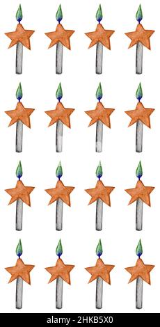 Bougies grises avec une flamme colorée et des étoiles.Illustration de la nourriture aquarelle isolée sur blanc.Design pour cartes de vœux, tissus, textiles, papier peint, menu,emballage, impression, emballage, chambre bébé. Banque D'Images