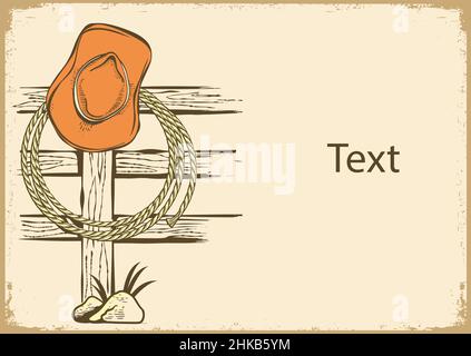 Chapeau de cow-boy et bottes sur la clôture de campagne. Les vêtements de Rodeo Cowboy. Fond d'image graphique occidental vectoriel pour le texte ou la conception Illustration de Vecteur