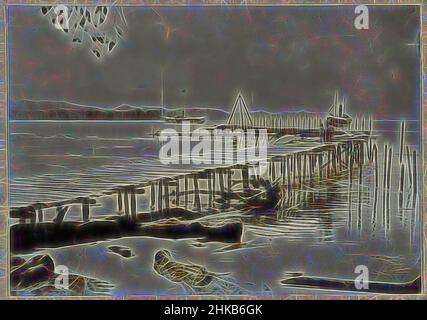 Inspiré par Jetty et des bateaux sur le lac Danau Lauttawar, Jetty et deux bateaux à vapeur sur un lac, probablement le lac Danau Lauttawar. Photographie collée sur les feuilles de fin au dos d'un album de 107 photographies sur la construction de l'autoroute Gajo sur Sumatra Nord entre Bireuen et Takinguen entre 1903-, réimaginé par Artotop. L'art classique réinventé avec une touche moderne. Conception de lumière chaleureuse et gaie, de luminosité et de rayonnement de lumière. La photographie s'inspire du surréalisme et du futurisme, embrassant l'énergie dynamique de la technologie moderne, du mouvement, de la vitesse et révolutionne la culture Banque D'Images