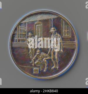 Inspiré par la libération de l'usine de sucre de Djatiroto le 22 juillet 1947, médaille de bronze en boîte bleue. Avant : trois marines, l'avant s'enroule près d'une batterie. Les deux autres figures se tiennent, fusil à la disposition, à côté de la première. En arrière-plan le bâtiment administratif de l'usine de sucre. Ceci, repensé par Artotop. L'art classique réinventé avec une touche moderne. Conception de lumière chaleureuse et gaie, de luminosité et de rayonnement de lumière. La photographie s'inspire du surréalisme et du futurisme, embrassant l'énergie dynamique de la technologie moderne, du mouvement, de la vitesse et révolutionne la culture Banque D'Images