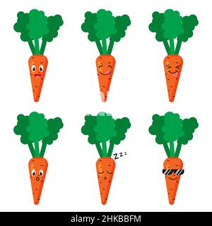 Ensemble de carottes emojis.Icônes de style kawaii, personnages de légumes.Illustration vectorielle de style dessin animé à plat.Ensemble de sourires ou émoticônes amusants.Bien Illustration de Vecteur