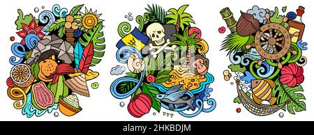 Ensemble de motifs de dessin animé à motif caniche de la Barbade.Compositions détaillées colorées avec beaucoup de symboles traditionnels.Isolé sur des illustrations blanches Illustration de Vecteur