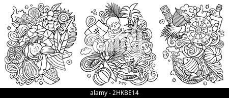 Ensemble de motifs de dessin animé à motif caniche de la Barbade.Compositions détaillées et esquchy avec beaucoup de symboles traditionnels.Isolé sur des illustrations blanches Illustration de Vecteur