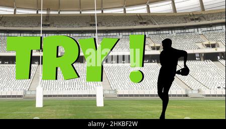 Image composite numérique du texte « Try » sur un joueur de rugby à silhouette avec un ballon en cours de course dans le stade Banque D'Images