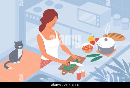 Une jeune femme prépare un dîner maison dans la cuisine.Coupe la salade de légumes.Style isométrique.Illustration de dessin animé vectoriel mignonne Illustration de Vecteur