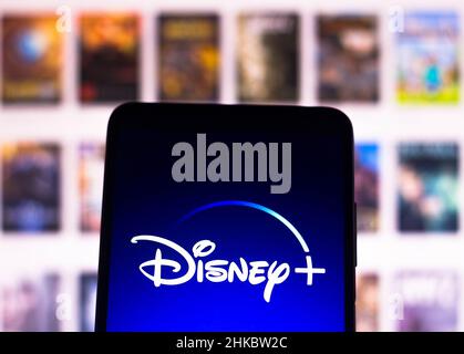 Brésil.03rd févr. 2022.Sur cette illustration, le logo Disney (Disney plus) s'affiche sur l'écran d'un smartphone.(Photo de Rafael Henrique/SOPA Images/Sipa USA) crédit: SIPA USA/Alay Live News Banque D'Images
