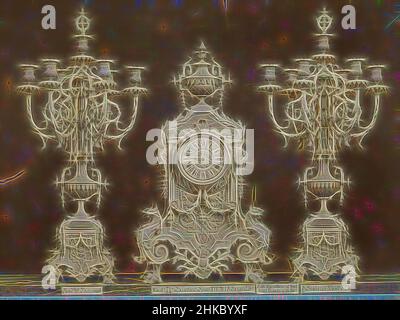 Inspiré par l'horloge de table avec deux chandeliers, Garniture Louis XIV, Europe, c. 1875 - c. 1900, imprimé albumine, hauteur 244 mm × largeur 337 mm, repensé par Artotop. L'art classique réinventé avec une touche moderne. Conception de lumière chaleureuse et gaie, de luminosité et de rayonnement de lumière. La photographie s'inspire du surréalisme et du futurisme, embrassant l'énergie dynamique de la technologie moderne, du mouvement, de la vitesse et révolutionne la culture Banque D'Images