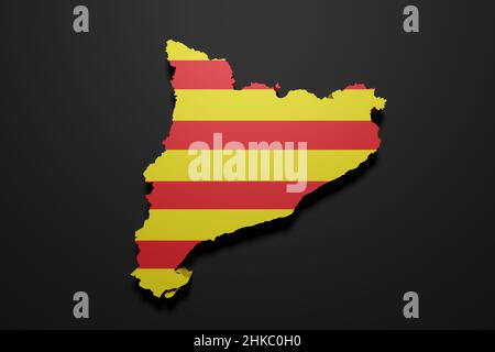 3D représentation d'un drapeau et d'une carte de la Communauté espagnole de Catalogne sur fond noir Banque D'Images