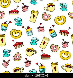 Doodle Saint Valentin bonbons sans coutures motif.Desserts dessinés à la main, tasses à café aux coeurs mignons.Gâteau couleur amour, boissons, beignets, boissons chaudes.Thé Illustration de Vecteur