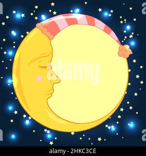 Un mois complet dans une casquette avec un œil fermé dans un ciel bleu nocturne avec des étoiles Illustration de Vecteur