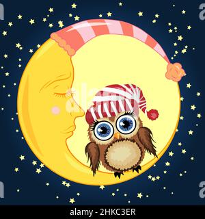 Mignon petit hibou brun de dessin animé se trouve sur le croissant de lune dans le ciel de nuit avec des étoiles. Illustration de Vecteur