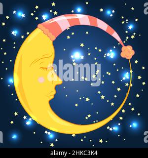 Un jeune mois dans une casquette de sommeil avec un oeil fermé dans un ciel bleu de nuit avec des étoiles. Illustration de Vecteur
