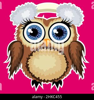 adorable hibou marron de dessin animé dans les écouteurs en trait blanc, autocollant Illustration de Vecteur