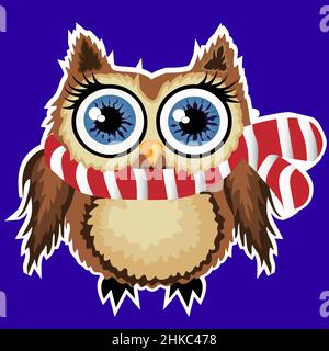 adorable chouette chouette de dessin animé brune dans un foulard avec un trait blanc, autocollant. Illustration de Vecteur