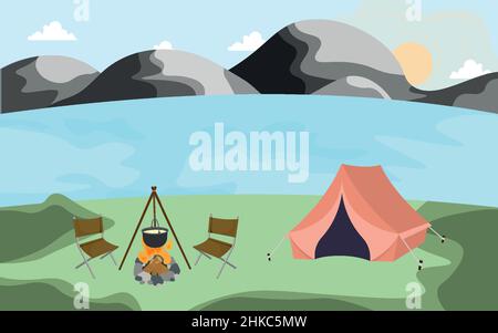 Tente de camping à côté du lac et des montagnes.Camping touristique de Cartoon avec une place de pique-nique Illustration de Vecteur