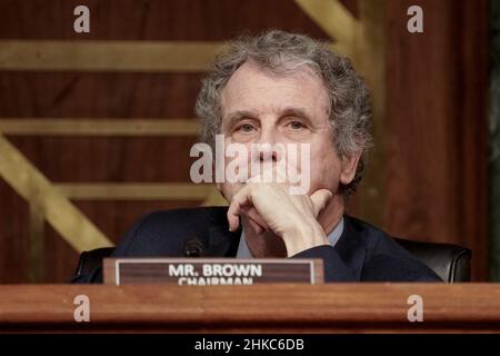 Le sénateur des États-Unis Sherrod Brown (démocrate de l'Ohio), président du Comité sénatorial américain des banques, du logement et des affaires urbaines, se penche sur cette question lors d'une audience de confirmation du Comité sénatorial des banques, du logement et des affaires urbaines à Capitol Hill, à Washington, DC, États-Unis, le 3 février 2022.Crédit : Ken Cedeno/Pool via CNP/MediaPunch Banque D'Images