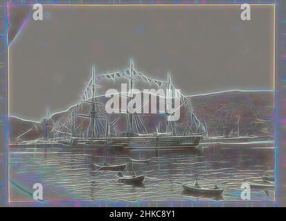 Inspiré par les bateaux d'aviron naviguent vers et depuis les bateaux de l'empereur Wilhelm II, situés dans une baie, Englisches Geschwader im Hafen von Bergen, Paul Güssfeldt, Carl Saltzmann, Norvège, juillet-1889, Papier, imprimé albumine, hauteur 169 mm × largeur 224 mm hauteur 314 mm × largeur 450 mm, repensé par Artotop. L'art classique réinventé avec une touche moderne. Conception de lumière chaleureuse et gaie, de luminosité et de rayonnement de lumière. La photographie s'inspire du surréalisme et du futurisme, embrassant l'énergie dynamique de la technologie moderne, du mouvement, de la vitesse et révolutionne la culture Banque D'Images