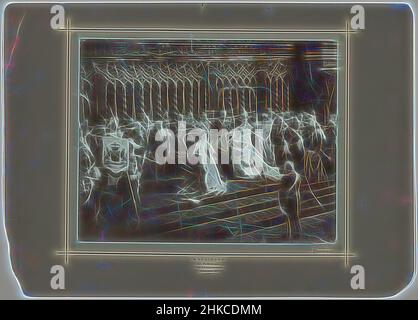 Inspirée par l'inauguration de la reine Wilhelmina dans le Nieuwe Kerk à Amsterdam, la reine Wilhelmina sur un trône avec à côté de sa mère, régent Emma, derrière un groupe d'hommes de haut rang en uniforme., Herman Deutmann, la Haye, 1898, papier, Hauteur 224 mm × largeur 215 mm hauteur 324 mm × largeur 360 mm, repensé par Artotop. L'art classique réinventé avec une touche moderne. Conception de lumière chaleureuse et gaie, de luminosité et de rayonnement de lumière. La photographie s'inspire du surréalisme et du futurisme, embrassant l'énergie dynamique de la technologie moderne, du mouvement, de la vitesse et révolutionne la culture Banque D'Images