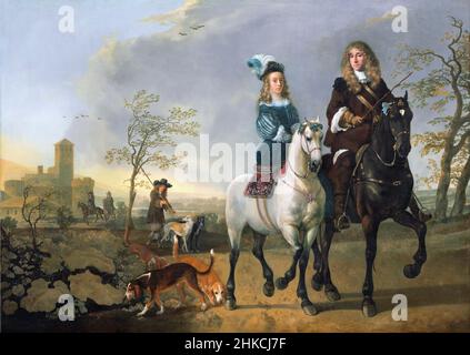 Dame et gentleman à cheval par le peintre hollandais de l'âge d'or, Aelbert Jacobszoon Cuyp (1620-1691), huile sur toile, c.1655, retravaillé c.1660-65 Banque D'Images