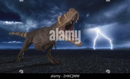 Tyrannosaurus Rex dinosaures rugissements dans un paysage désertique aride la nuit avec tempête de foudre en arrière-plan.3D illustration. Banque D'Images