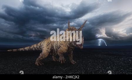 Triceratops dinosaure de la période crétacée dans un paysage sauvage aride avec des nuages de tempête et la foudre dans le ciel.3D illustration. Banque D'Images