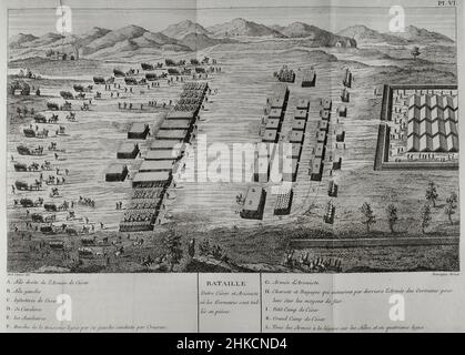 Galle Wars (58 BC-50 BC).Première campagne contre les tribus germaniques (58 av. J.-C.).Bataille des Vosges (58 av. J.-C.).Combat entre la tribu germanique des Suebi sous le commandement d'Ariovistus contre six légions romaines dirigées par Gaïus Julius César.Gravure.Commentaires de Cesar, avec des notes historiques, critiques et militaires, par le Comte Turpin de Crissé.Volume I. publié à Montargis et vendu à Paris, 1785. Banque D'Images