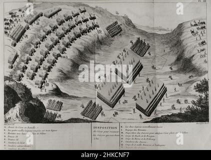 Campagne contre l'Helvetii (58 av. J.-C.).La position de César à recevoir l'Helvetii avançant vers lui.Gravure.'Commentaires de Cesar, avec des notes historiques, critiques et militaires' par le Comte Turpin de Crissé.Volume I. publié à Montargis et vendu à Paris, 1785. Banque D'Images