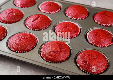Délicieux petits gâteaux en velours rouge dans un stylo à four.Gros plan. Banque D'Images