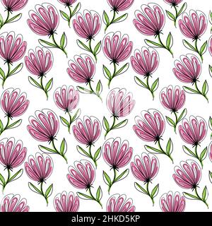 Un motif de fleurs sans couture, des éléments dessinés à la main de style caniche. Fleurs, bourgeons et petits pois. Motifs noirs avec taches roses et vertes. Illustration de Vecteur