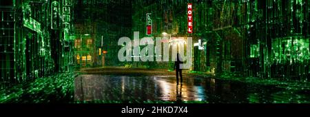 The Matrix Resurrections (2014) réalisé par Lana Wachowski et mettant en vedette Keanu Reeves, Carrie-Anne Moss et Yahya Abdul-Mateen IIRetour à un monde de deux réalités : l'une, la vie quotidienne, l'autre, ce qui est derrière elle.Pour savoir si sa réalité est une construction, pour vraiment se connaître, M. Anderson devra choisir de suivre le lapin blanc une fois de plus. Banque D'Images