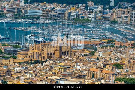 Vue aérienne, Eglise Santa Iglesia Catedral de Mallorca, Cathédrale de Palma, Puerto de Palma, Port de Palma en arrière-plan, Palma, Majorque, Baléares est Banque D'Images