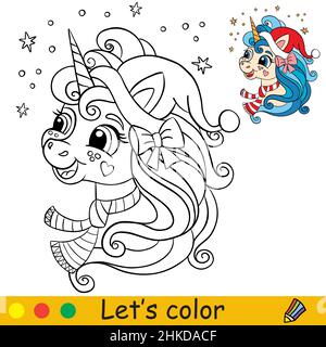 Jolie tête de noël en forme de corne dans un chapeau de noël.Page de livre de coloriage avec modèle de couleur.Illustration de dessin animé vectoriel.Pour enfants coloriage, carte, imprimé, des Illustration de Vecteur