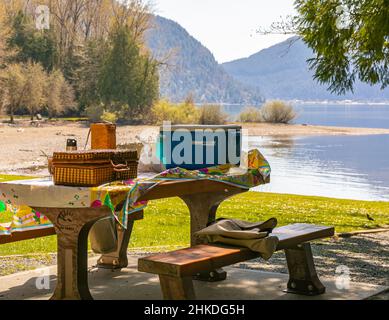 Aire de pique-nique en été. Banc sur le lac avec vue sur le paysage. Photo de voyage, personne, attention sélective-avril 15,2021-Cultus Lake BC, Canada. Banque D'Images