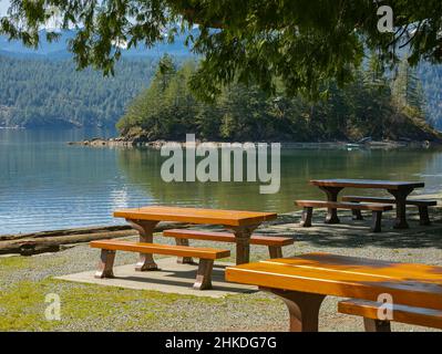 Aire de pique-nique en été. Banc sur le lac avec vue sur le paysage. Photo de voyage, personne, mise au point sélective. Banque D'Images