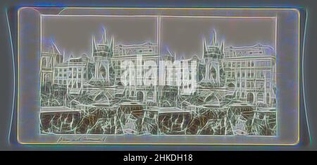 Inspiré par les foules à la place du Dam autour de la statue 'de Eendracht', mieux connue sous le nom de 'Naatje van de Dam', décorée à l'occasion de l'inauguration de la reine Wilhelmina, Amsterdam, place du Dam avec monument, Amsterdam, 6-Sep-1898, papier baryta, hauteur 88 mm × largeur 180 mm, réimaginé par Artotop. L'art classique réinventé avec une touche moderne. Conception de lumière chaleureuse et gaie, de luminosité et de rayonnement de lumière. La photographie s'inspire du surréalisme et du futurisme, embrassant l'énergie dynamique de la technologie moderne, du mouvement, de la vitesse et révolutionne la culture Banque D'Images